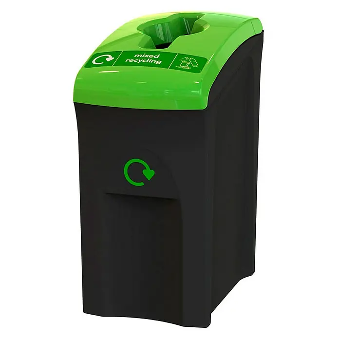 Proregal Standard-Mülleimer Wertstoffsammler Envirobin - 55 l, Kunststoff, Schwarz - Ein schwarzer Recyclingbehälter mit grünem Deckel, gekennzeichnet für gemischtes Recycling, ideal für die Abfalltrennung.