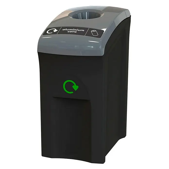 Proregal Standard-Mülleimer Wertstoffsammler Envirobin - 55 l, Kunststoff, Schwarz - Ein grauer und schwarzer Aluminiumdosen-Recyclingbehälter mit Recycling-Symbolen.