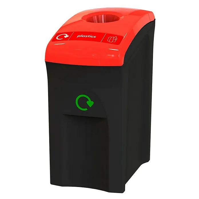 Proregal Standard-Mülleimer Wertstoffsammler Envirobin - 55 l, Kunststoff, Schwarz - Abbildung eines schwarzen Kunststoff-Recyclingbehälters mit rotem Deckel und dem Aufdruck "Kunststoffe".