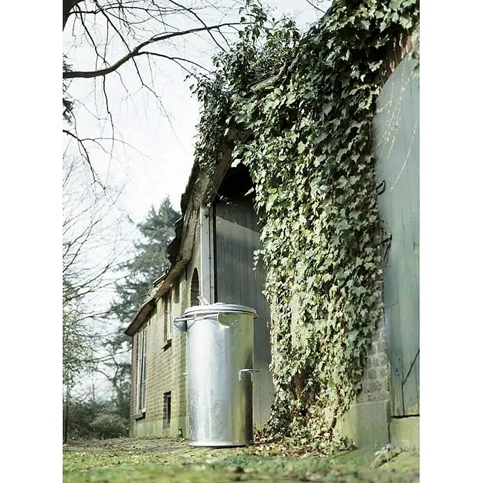 Proregal Standard Mülleimer Feuerfeste runde Mülltonne aus Stahl - 110 l, Stahl, Silber - Metall Mülltonne mit Deckel im Garten. Die Tonne steht vor einer mit Efeu bewachsenen Wand und ist aus robustem, glänzendem Stahl gefertigt.