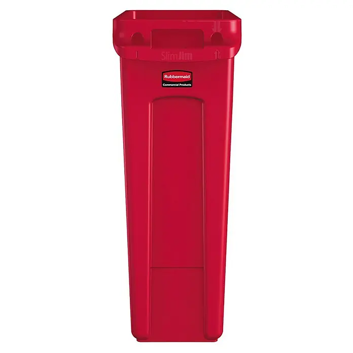 Proregal Standard-Mülleimer Rubbermaid Slim Jim Mülleimer mit Belüftungskanälen - 87 l, Kunststoff, Rot - Roter Slim Jim Abfallbehälter von Rubbermaid Commercial Products mit dem Logo und der Aufschrift "Slim Jim".