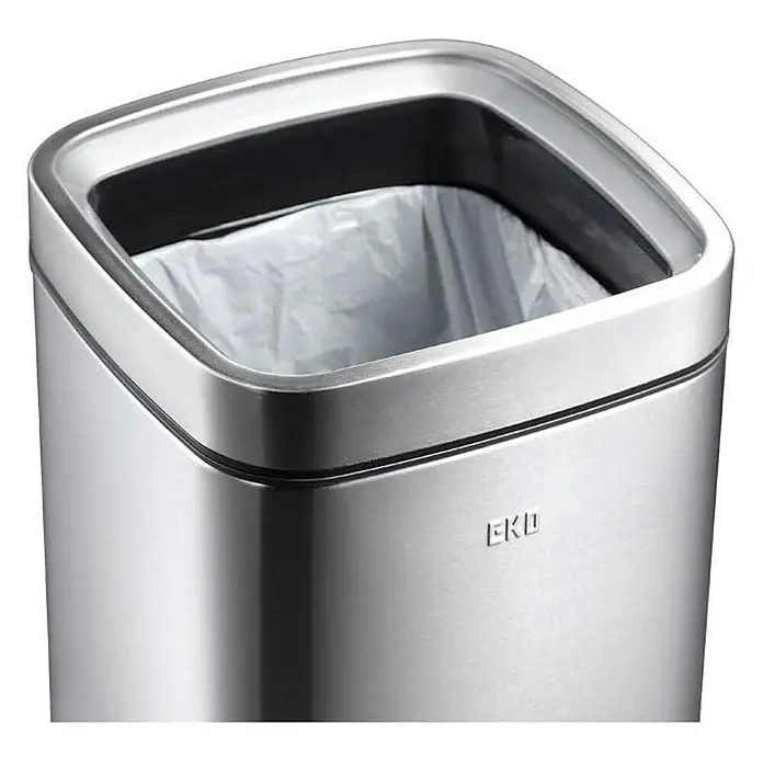 Proregal Standard-Mülleimer Quadratischer Abfalleimer aus mattem Edelstahl mit offenem Einwurf - 9 l, Edelstahl, Silber - Ein schicker, silberner EKO-Abfalleimer mit einem quadratischen Design und einem Müllsack im Inneren. Ideal für moderne Haushalte.