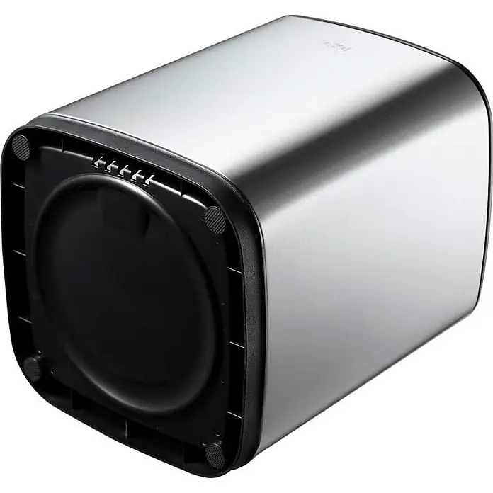 Proregal Standard-Mülleimer Quadratischer Abfalleimer aus mattem Edelstahl mit offenem Einwurf - 9 l, Edelstahl, Silber - Silberner Subwoofer mit schwarzer Rückseite und kleinen Füßen für optimalen Klang und Stabilität.