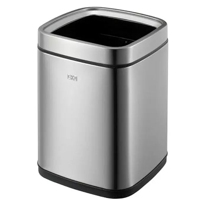 Proregal Standard-Mülleimer Quadratischer Abfalleimer aus mattem Edelstahl mit offenem Einwurf - 9 l, Edelstahl, Silber - Ein quadratischer, silberfarbener EKO-Abfalleimer mit schwarzem Rand und schwarzem Innenraum, der Stil und Funktionalität vereint.