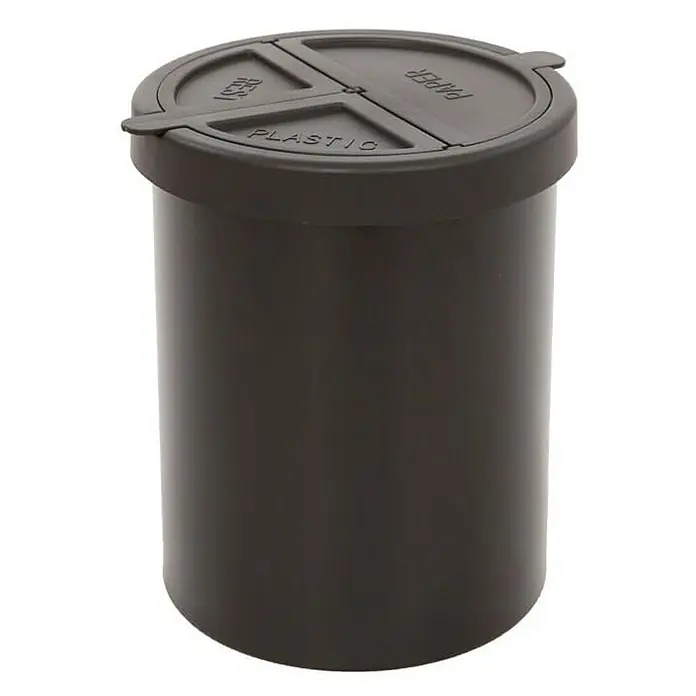 Proregal Papierkorb stillvoll & rund aus Metall - 15 l, Metall, Schwarz - Ein dunkelgrauer Recycling-Behälter mit geteiltem Deckel für Papier, Plastik und Restmüll. Ideal für die Mülltrennung im Büro oder zu Hause.