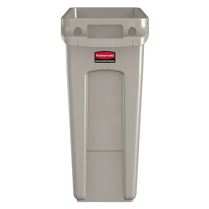Proregal Standard-Mülleimer Rubbermaid Slim Jim Mülleimer mit Belüftungskanälen - 60 l, Kunststoff, Beige - Grauer Rubbermaid Slim Jim Abfallbehälter, ideal für enge Räume, mit praktischen Griffen und robustem Design für gewerbliche Nutzung.