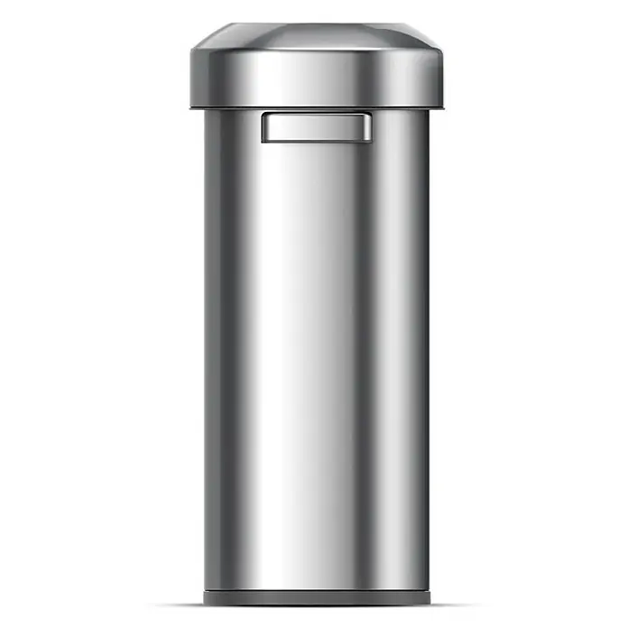 Proregal Standard-Mülleimer Stilvoller ovaler offener Abfallsammler aus gebürstetem Edelstahl - 60 l, Edelstahl, Silber - Ein moderner, zylindrischer Edelstahl-Abfalleimer mit einem rechteckigen Einwurfschlitz und einem leicht abgerundeten Deckel.