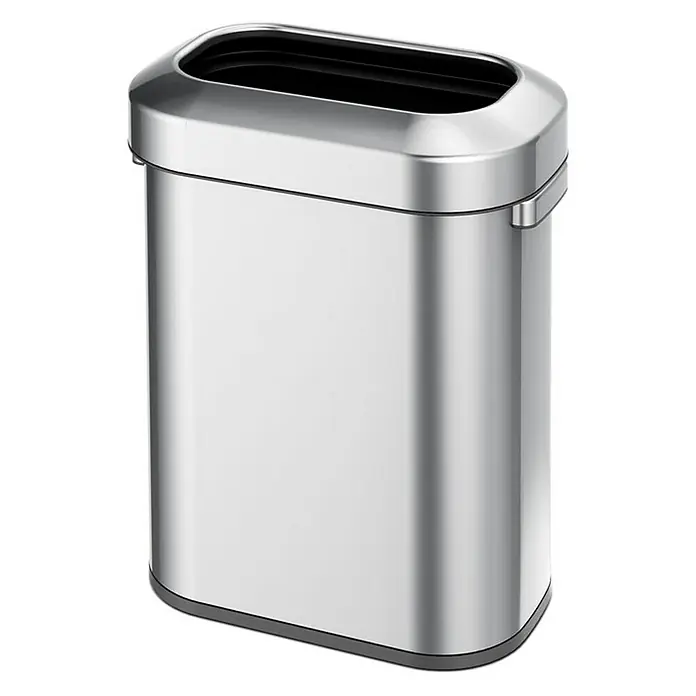 Proregal Standard-Mülleimer Stilvoller ovaler offener Abfallsammler aus gebürstetem Edelstahl - 60 l, Edelstahl, Silber - Bild einer modernen rechteckigen Abfalltonne aus gebürstetem Edelstahl mit einem eleganten, schwarzen Deckel.