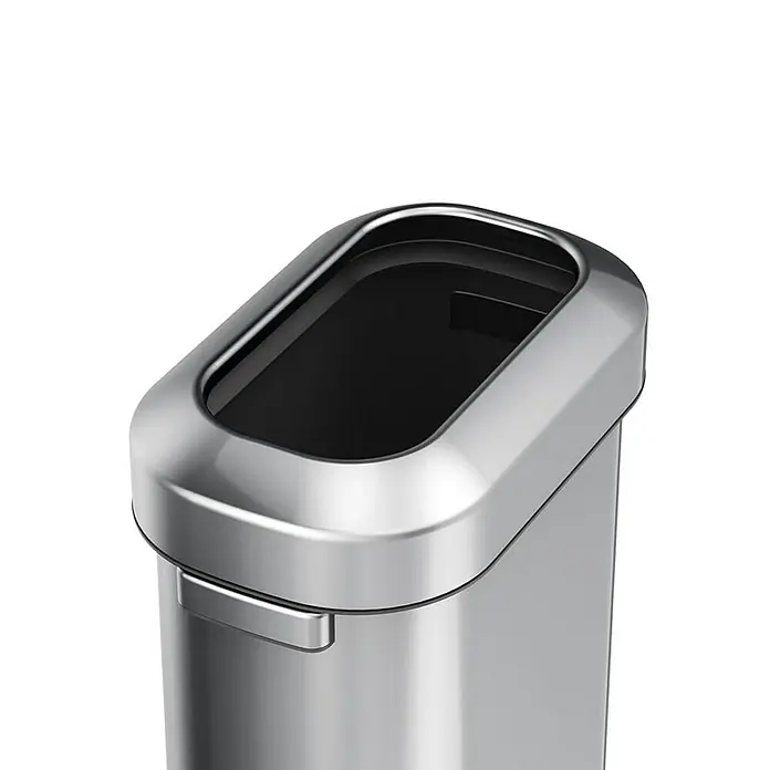 Proregal Standard-Mülleimer Stilvoller ovaler offener Abfallsammler aus gebürstetem Edelstahl - 60 l, Edelstahl, Silber - Nahaufnahme eines stilvollen, silbernen Mülleimers mit ovalem Deckel für den modernen Haushalt.