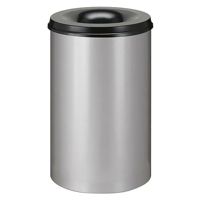 Proregal Papierkorb & Abfallsammler aus Metall selbstlöschend - 15 l, Metall, Matt Edelstahl, Kopfteil Schwarz - Ein moderner, zylindrischer Abfalleimer aus Edelstahl mit einem schwarzen Deckel, ideal für Büros und öffentliche Räume.