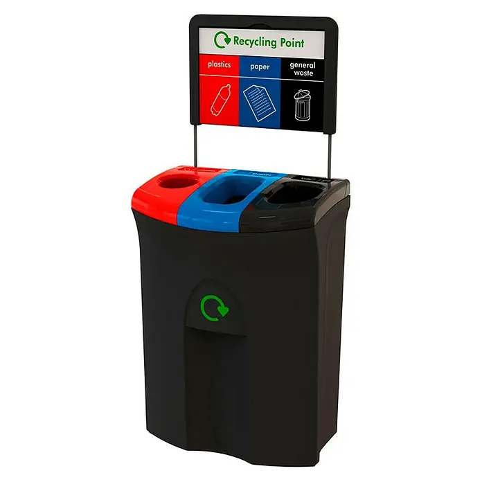 Proregal Mülltrennsystem Meridian mit Trio-Einwurf - 110 l, Kunststoff, Schwarz, Blau, Rot - Abfallbehälter mit drei Fächern zur Abfalltrennung: Kunststoffe, Papier und Restmüll. Die Farben sind Rot, Blau und Schwarz.