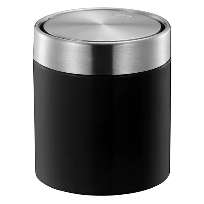 Proregal Schwingdeckeleimer Schön geformter Tischabfallbehälter mit Flachschwingdeckel - 1,5 l, Edelstahl, Edelstahl / Schwaru - Schwarzer Kosmetikeimer mit silberfarbenem Deckel und Rand für Badezimmer, elegant und funktional.