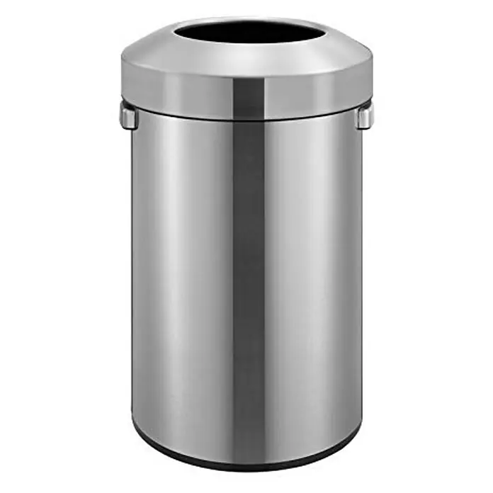 Proregal Standard-Mülleimer Stilvoller offener Abfallsammler aus gebürstetem Edelstahl - 60 l, Edelstahl, Silber - Ein runder, silberner Mülleimer aus Metall mit einer großen Öffnung oben, ideal für die Abfallentsorgung in öffentlichen Räumen.