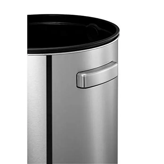 Proregal Standard-Mülleimer Stilvoller offener Abfallsammler aus gebürstetem Edelstahl - 60 l, Edelstahl, Silber - Nahaufnahme eines modernen, zylindrischen Edelstahl-Mülleimers mit einem schwarzen Kunststoffrand oben und einem Griff an der Seite.