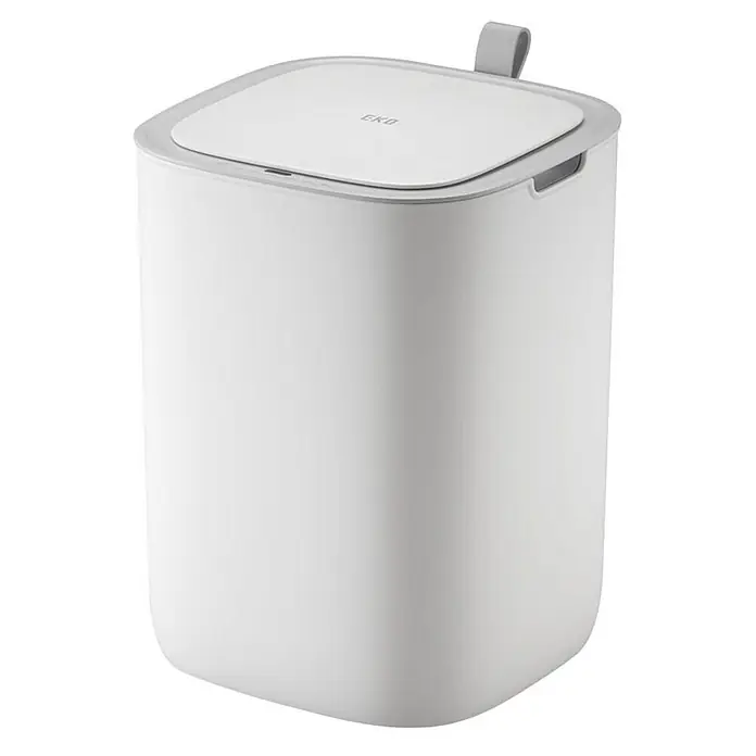 Proregal Sensormülleimer Moderner quadratischer Abfalleimer mit Smart Sensor - 12 l, Kunststoff, Weiß - Ein sauberer, weißer EKO-Abfalleimer mit quadratischem Design und einem praktischen Tragegriff für einfache Handhabung und stilvolle Abfallentsorgung.