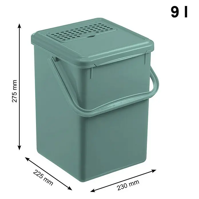 Proregal Standard-Mülleimer Robuster Abfalleimer mit geruchsdichtem Deckel & Kohlefilter - 9 l, Kunststoff, Grün - Das Bild zeigt einen grünen 9 Liter Eimer mit Deckel und Griffen, der für den Haushalt geeignet ist. Die Maße sind angegeben.