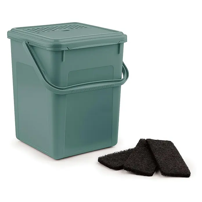 Proregal Standard-Mülleimer Robuster Abfalleimer mit geruchsdichtem Deckel & Kohlefilter - 9 l, Kunststoff, Grün - Grüner Kompostbehälter mit Deckel und drei schwarzen Filtern. Ideal für die Küche, um Bioabfälle zu sammeln und zu kompostieren.