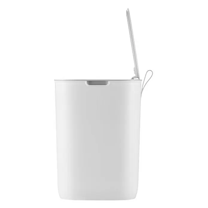 Proregal Sensormülleimer Moderner quadratischer Abfalleimer mit Smart Sensor - 12 l, Kunststoff, Weiß - Ein sauberer, weißer Mülleimer mit offenem Deckel, ideal für Bad oder Büro, präsentiert sich auf dem Bild. Der Fokus liegt auf dem schlichten Design.