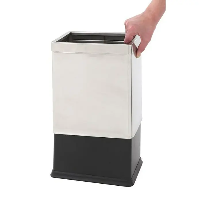 Proregal Papierkorb doppelwandig & eckig aus Edelstahl - 10 l, Edelstahl, Silber - Ein quadratischer Messerblock aus Edelstahl und schwarzem Kunststoff, der von einer Hand berührt wird. Ideal für die Küchenorganisation.