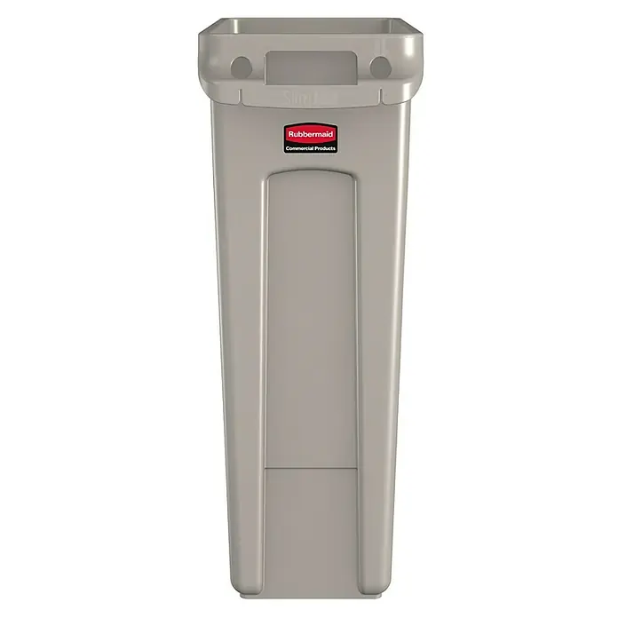 Proregal Standard-Mülleimer Rubbermaid Slim Jim Mülleimer mit Belüftungskanälen - 87 l, Kunststoff, Beige - Abbildung eines hellgrauen Slim Jim Mülleimers von Rubbermaid Commercial Products für den Innenbereich, ideal für schmale Räume.