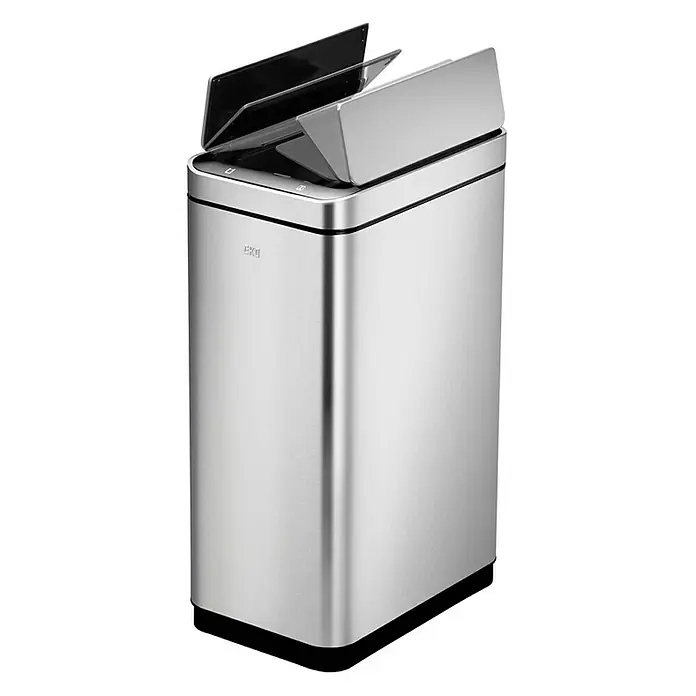 Proregal Sensormülleimer Stilvoller Sensor Abfalleimer aus gebürstetem Edelstahl - 40 l, Edelstahl, Silber - Ein moderner, rechteckiger Abfalleimer aus Edelstahl mit geteiltem, sich öffnendem Deckel für einfache Mülltrennung in der Küche.