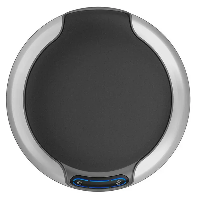 Proregal Sensormülleimer Markanter runder Abfalleimer mit Sensor und Touch-Bedienfeld - 9 l, Edelstahl, Silber - Ein runder, grauer Staubsauger mit silbernem Rand und blauen Bedienelementen für eine gründliche Reinigung.