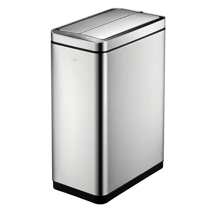 Proregal Sensormülleimer Stilvoller Sensor Abfalleimer aus gebürstetem Edelstahl - 40 l, Edelstahl, Silber - Bild eines rechteckigen, silberfarbenen EKO-Mülleimers mit einem schmalen schwarzen Sockel und einem geteilten Deckel.