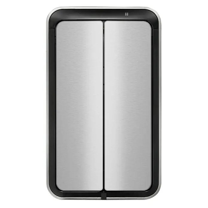 Proregal Sensormülleimer Stilvoller Sensor Abfalleimer aus gebürstetem Edelstahl - 40 l, Edelstahl, Silber - Silberner Simplehuman-Mülleimer mit schwarzem Rahmen. Der Mülleimer hat eine moderne, rechteckige Form und eine Doppelbehälter-Konstruktion.