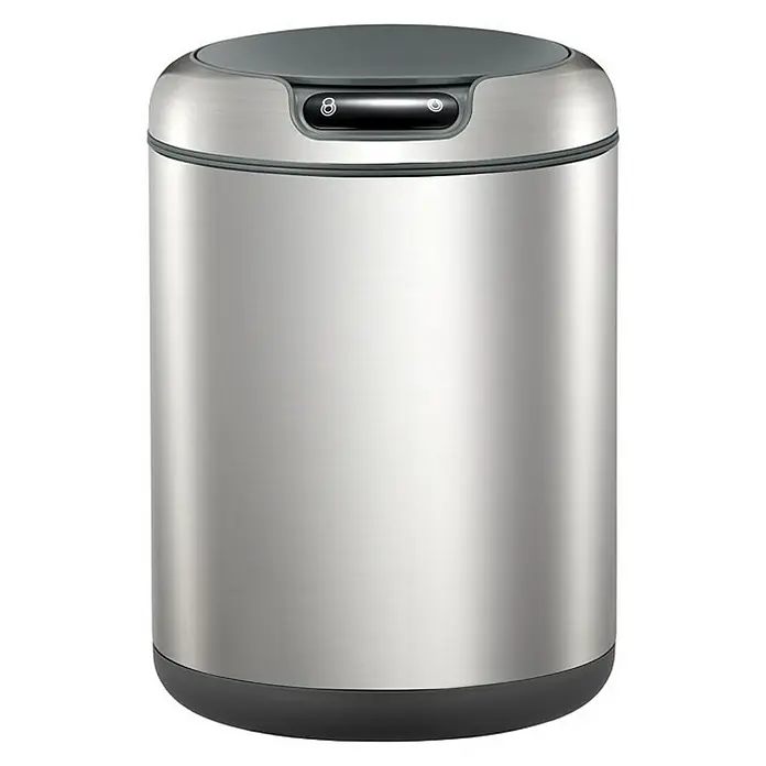 Proregal Sensormülleimer Markanter runder Abfalleimer mit Sensor und Touch-Bedienfeld - 9 l, Edelstahl, Silber - Ein silberfarbener, zylindrischer Automatik-Mülleimer mit grauem Deckel und Boden für eine hygienische Abfallentsorgung.