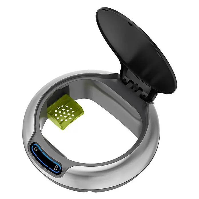 Proregal Sensormülleimer Markanter runder Abfalleimer mit Sensor und Touch-Bedienfeld - 9 l, Edelstahl, Silber - Intelligenter Mülleimer mit offenem Deckel, silbernem Rand und grünem Behälter für Abfall. Praktisches Design für moderne Haushalte.