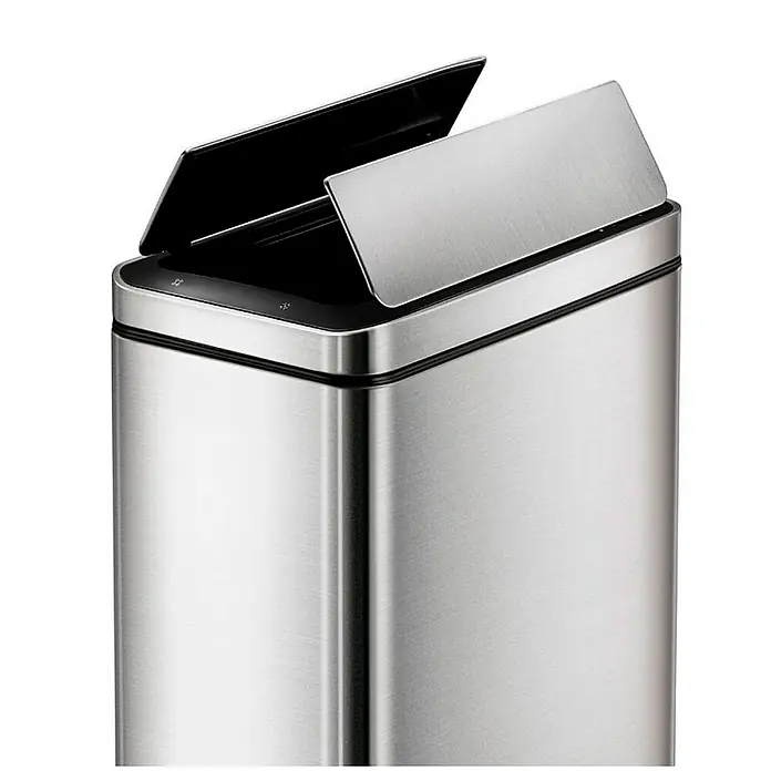 Proregal Sensormülleimer Stilvoller Sensor Abfalleimer aus gebürstetem Edelstahl - 40 l, Edelstahl, Silber - Ein moderner, rechteckiger Abfalleimer aus Edelstahl mit offenem Klappdeckel für einfache Abfallentsorgung.