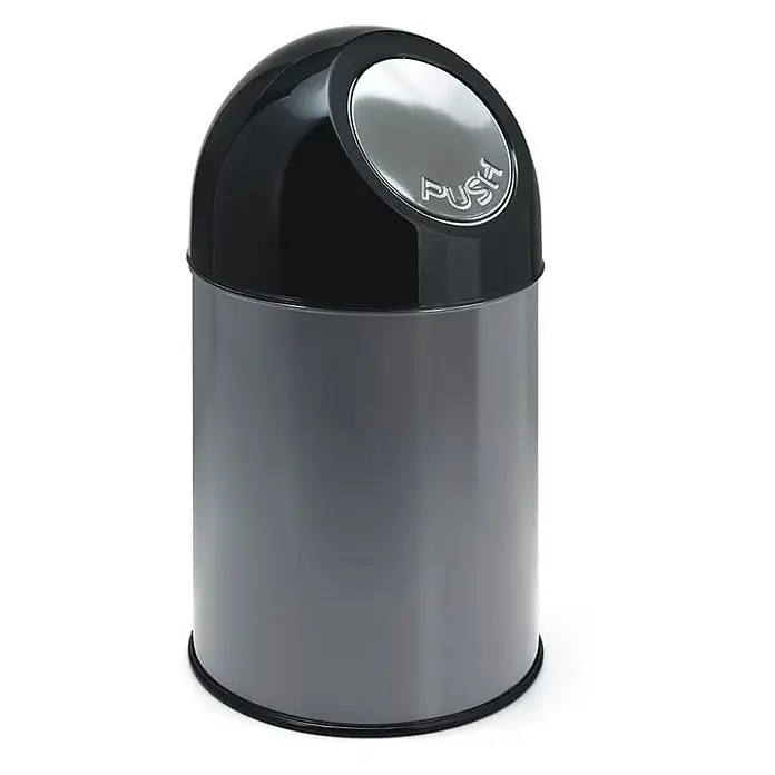 Proregal Schwingdeckeleimer Klassischer Abfallbehälter mit Pushdeckel und Inneneimer - 30 l, Metall, Metallik Grau - Hier ist ein silberner Abfalleimer mit einem schwarzen Deckel und einer "PUSH"-Taste, ideal für die stilvolle Abfallentsorgung im Haushalt.