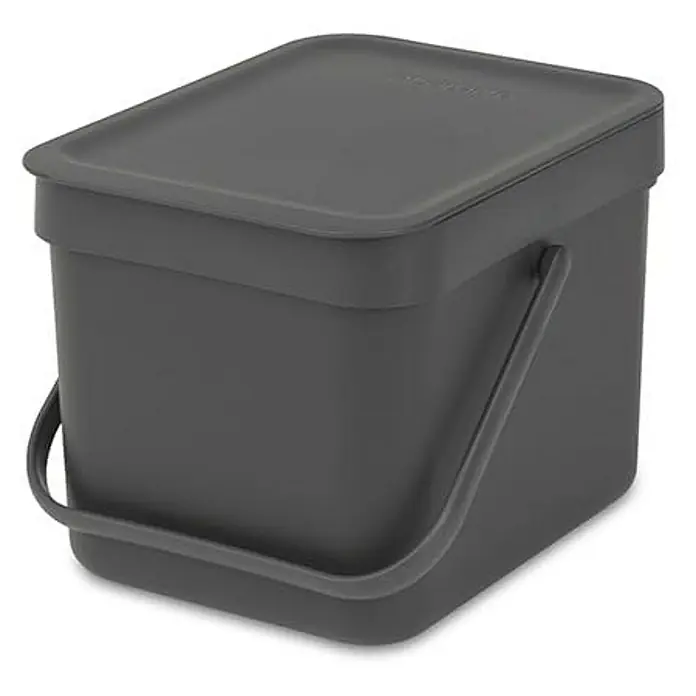 Proregal Standard-Mülleimer Brabantia Abfallsammler mit Stay-open Deckel - 6 l, Kunststoff, Dunkelgrau - Ein grauer Komposteimer mit Deckel und Tragegriff, ideal für die Küche zur Sammlung von Bioabfällen, perfekt für die Kompostierung.