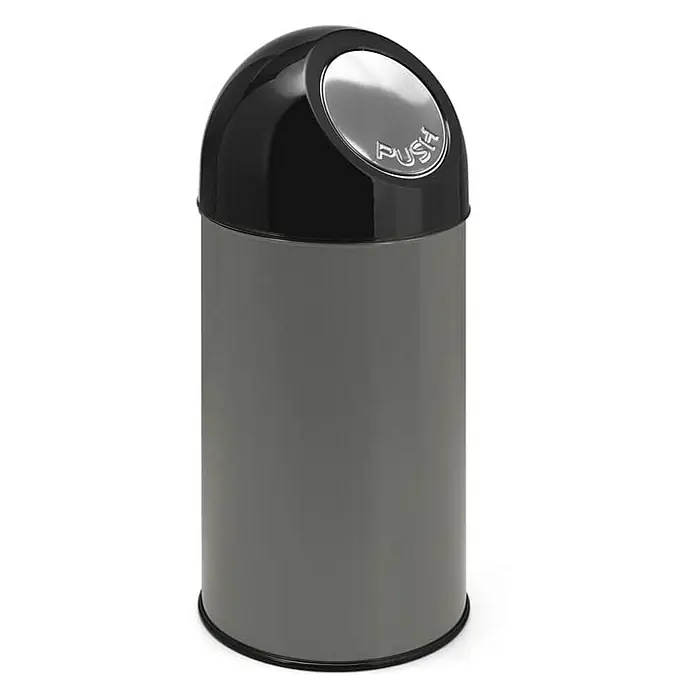 Proregal Schwingdeckeleimer Klassischer Abfallbehälter mit Pushdeckel und Inneneimer - 40 l, Metall, Metallik Grau - Ein eleganter, grauer Mülleimer mit einem schwarzen, abgerundeten Deckel und einem silbernen "Push"-Knopf, ideal für Büro oder Zuhause.