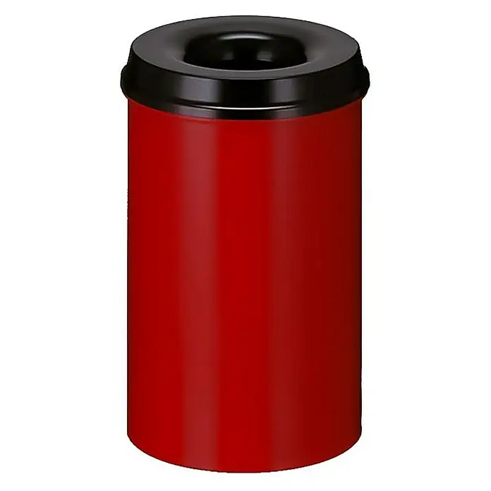 Proregal Papierkorb & Abfallsammler aus Metall selbstlöschend - 20 l, Metall, Rot, Kopfteil Schwarz - Ein zylindrischer, roter Abfallbehälter mit einem schwarzen Deckel und einer Öffnung in der Mitte.