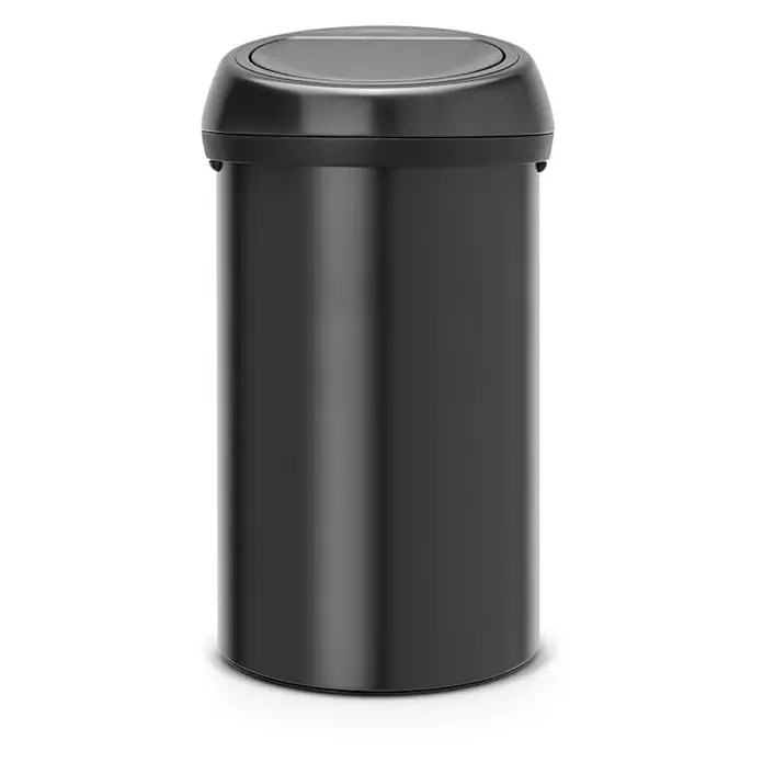 Proregal Standard-Mülleimer Brabantia Abfallbehälter mit Soft-Touch-Öffnung - 60 l, Metall, Matt Schwarz - Ein schwarzer, zylindrischer Abfalleimer mit einem schwingbaren Deckel. Ideal für Küche oder Büro.