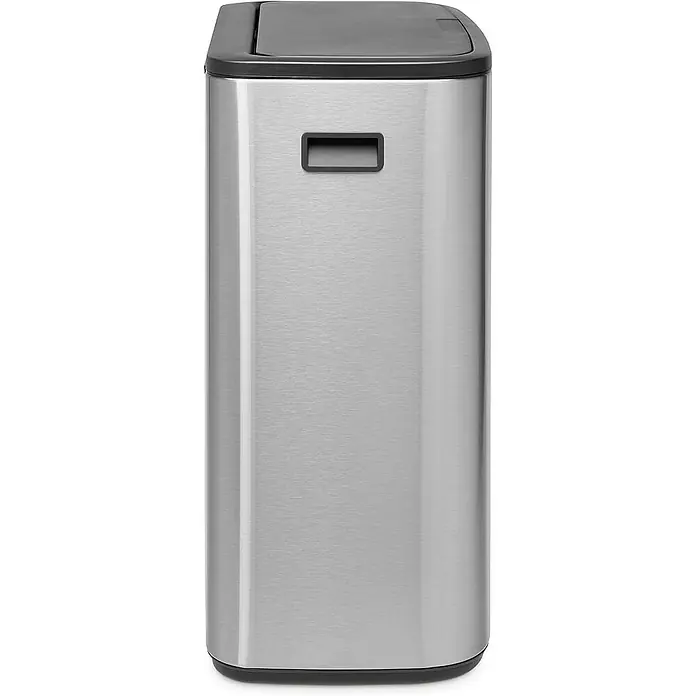 Proregal Sensormülleimer Brabantia Hochwertiger Abfallsammler mit Touch-Öffnung - 60 l, Edelstahl, Edelstahl - Bild eines modernen, rechteckigen Mülleimers aus Edelstahl mit schwarzem Deckel und Griff, ideal für Küche oder Büro.