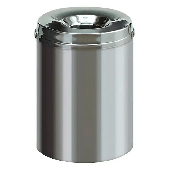 Proregal Papierkorb & Abfallsammler aus Edelstahl selbstlöschend - 15 l, Edelstahl, Silber - Ein zylindrischer, silberfarbener Standaschenbecher mit einer abnehmbaren Oberseite und einer Öffnung in der Mitte zur Entsorgung von Zigaretten.