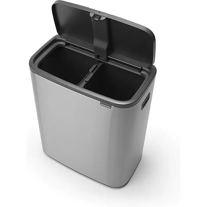 Proregal Sensormülleimer Brabantia Hochwertiger Abfallsammler mit Touch-Öffnung - 60 l, Edelstahl, Edelstahl - Ein silberner Dual-Mülleimer mit offenem Deckel, ideal für die Mülltrennung im Haushalt. Praktisch und stilvoll.