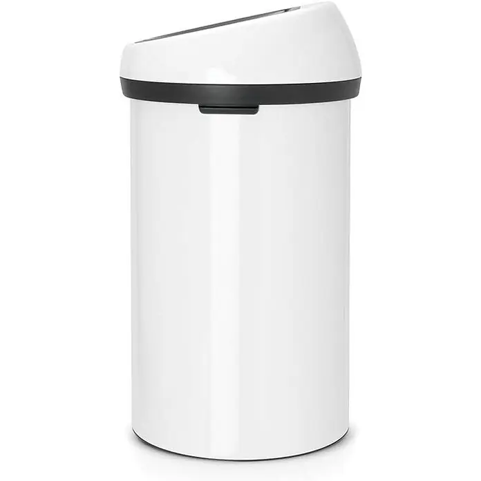 Proregal Standard Mülleimer Brabantia Abfallbehälter mit Soft-Touch-Öffnung - 60 l, Metall, Weiß - Ein schlichter, weißer Abfalleimer mit schwarzem Deckel. Ideal für Küche oder Büro, bietet der Treteimer Funktionalität und modernes Design.