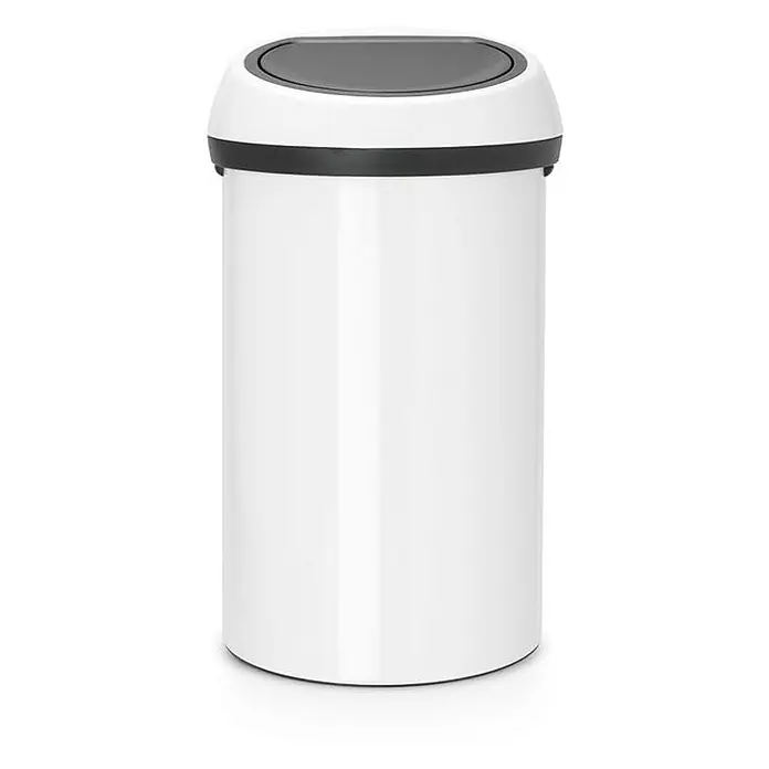 Proregal Standard Mülleimer Brabantia Abfallbehälter mit Soft-Touch-Öffnung - 60 l, Metall, Weiß - Ein sauberer, weißer Abfalleimer mit einem grauen Deckel, perfekt für Büro oder Küche. Praktisch und stilvoll zugleich.