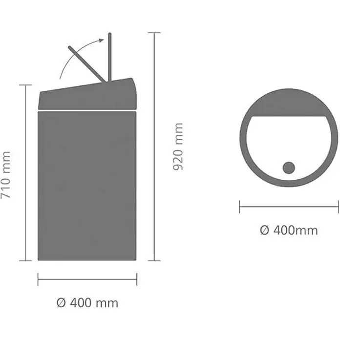 Proregal Standard Mülleimer Brabantia Abfallbehälter mit Soft-Touch-Öffnung - 60 l, Metall, Weiß - Abbildung eines Rednerpults mit den Maßen 710 mm Höhe, 920 mm Gesamthöhe und einem Durchmesser von 400 mm.