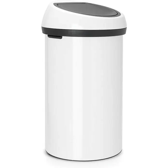 Proregal Standard Mülleimer Brabantia Abfallbehälter mit Soft-Touch-Öffnung - 60 l, Metall, Weiß - Ein weißer Abfalleimer mit einem dunkelgrauen Deckel, der sich ideal für Küche und Bad eignet, bietet Funktionalität und stilvolles Design.