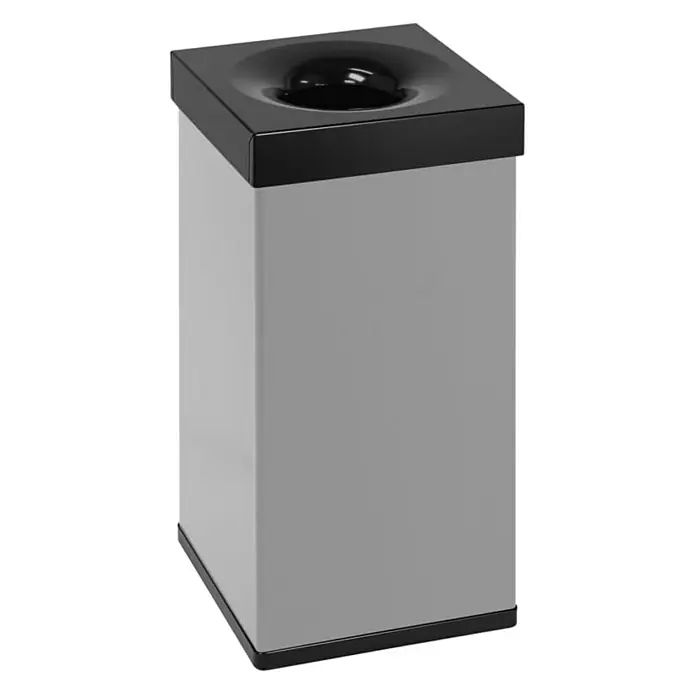 Proregal Standard Mülleimer Selbstlöschender eckiger Abfallsammler aus Aluminium - 55 l, Aluminium, Alu-Grau, Kopfteil Schwarz - Der quadratische, graue Abfallbehälter mit einem schwarzen, trichterförmigen Deckel ist ein stilvolles Accessoire für jeden Raum.