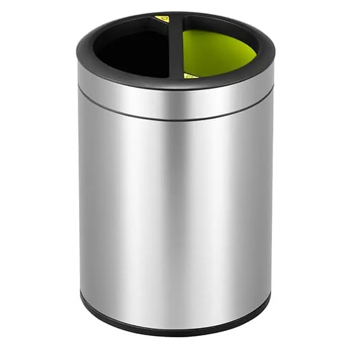 Proregal Standard-Mülleimer Runder Abfalleimer aus gebürstetem Edelstahl mit offener Einwurföffnung - 10 l, Edelstahl, Silber - Ein runder, silberner Abfalleimer mit zwei Fächern und einem schwarzen Deckel mit gelben Markierungen.