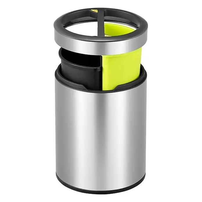 Proregal Standard-Mülleimer Runder Abfalleimer aus gebürstetem Edelstahl mit offener Einwurföffnung - 10 l, Edelstahl, Silber - Ein eleganter, runder Abtropfbehälter aus Edelstahl mit zwei Fächern in Schwarz und Neongelb und einem schwarzen Haltering.
