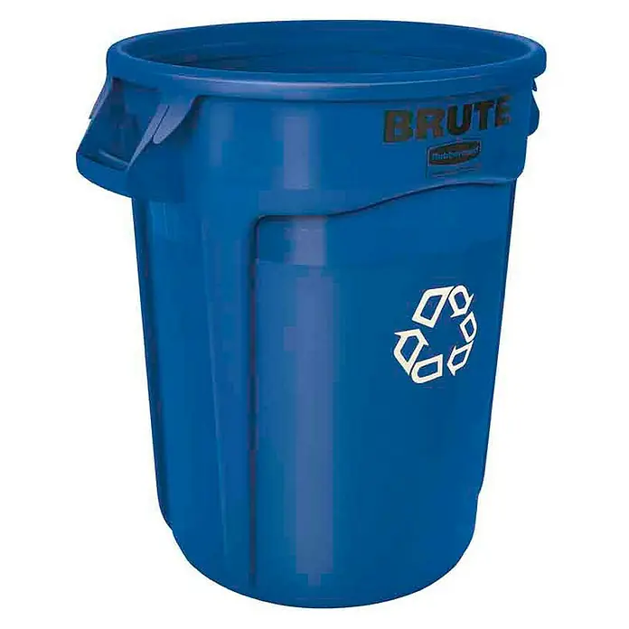 Proregal Standard Mülleimer Rubbermaid Brute runde Mehrzwecktonne mit Belüftungskanälen - 121,1 l, Kunststoff, Blau mit Recyclingsymbol - Blaue "Brute" Recyclingtonne aus Kunststoff mit Griffen und Recycling-Symbol für eine umweltfreundliche Abfallentsorgung.
