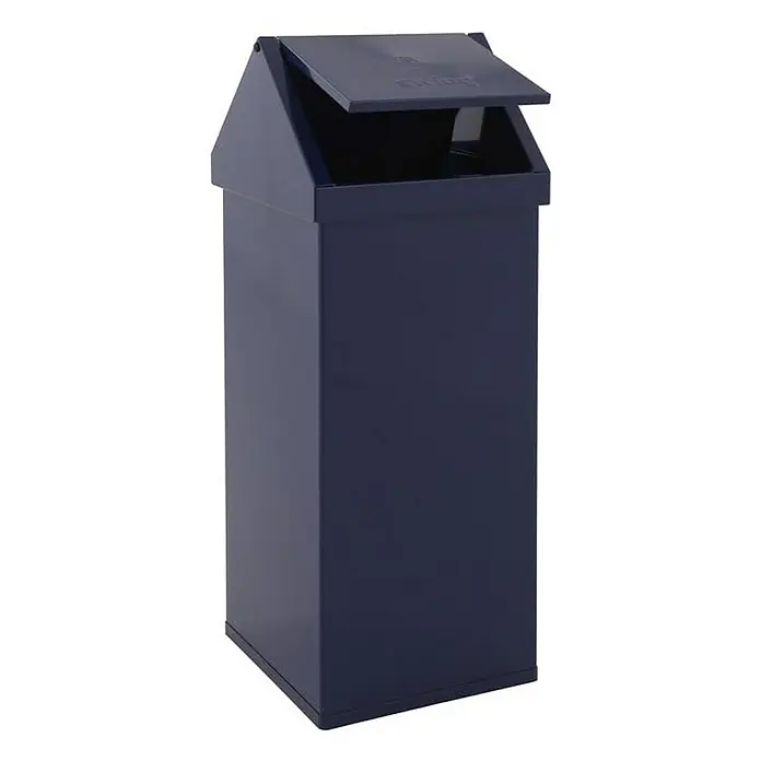Proregal Standard-Mülleimer Eckiger Aluminium Abfallbehälter Haiti mit Swingdeckel - 110 l, Aluminium, Blau - Dunkelblauer Abfallbehälter aus Metall mit schrägem Deckel, ideal für den Innen- und Außenbereich, um Ordnung und Sauberkeit zu gewährleisten.