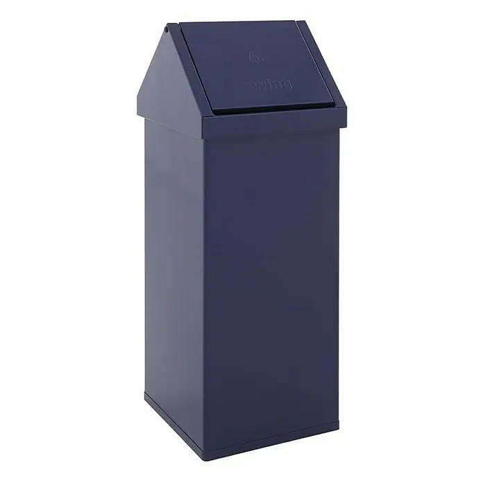 Proregal Standard-Mülleimer Eckiger Aluminium Abfallbehälter Haiti mit Swingdeckel - 110 l, Aluminium, Blau - Ein dunkelblauer Abfallbehälter mit Schwingdeckel. Das Design ist schlicht und funktional, ideal für Büros oder öffentliche Bereiche.