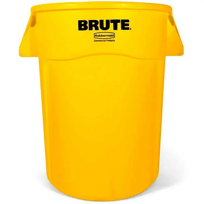 Proregal Standard-Mülleimer Rubbermaid Brute runde Mehrzwecktonne mit Belüftungskanälen - 166,5 l, Kunststoff, Gelb - Gelber "Brute" Abfallbehälter von Rubbermaid Commercial Products. Ein robuster und zuverlässiger Behälter für den gewerblichen Gebrauch.
